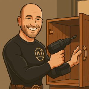 artisan handyman AJ Covering fixant une télévision écran plat au mur, installation sécurisée et alignement précis, service à domicile au Luxembourg