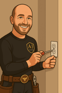 technicien AJ Covering travaillant sur une prise électrique, dépannage et électricité légère au Luxembourg