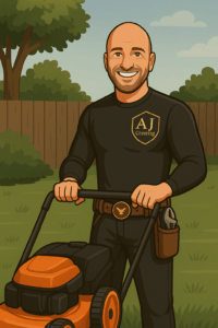 artisan AJ Covering tondant une pelouse avec une tondeuse, entretien de jardin et services de jardinage au Luxembourg